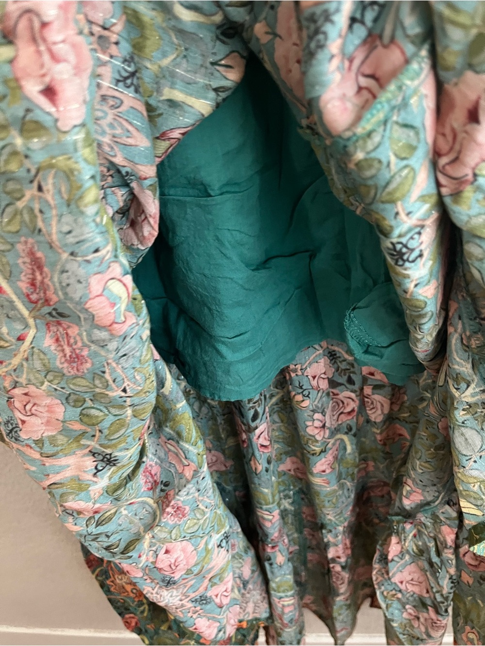 Natural Life Green Floral Metallic Lurex Tiered Maxi Dress Size Medium - Picture 6 of 12
